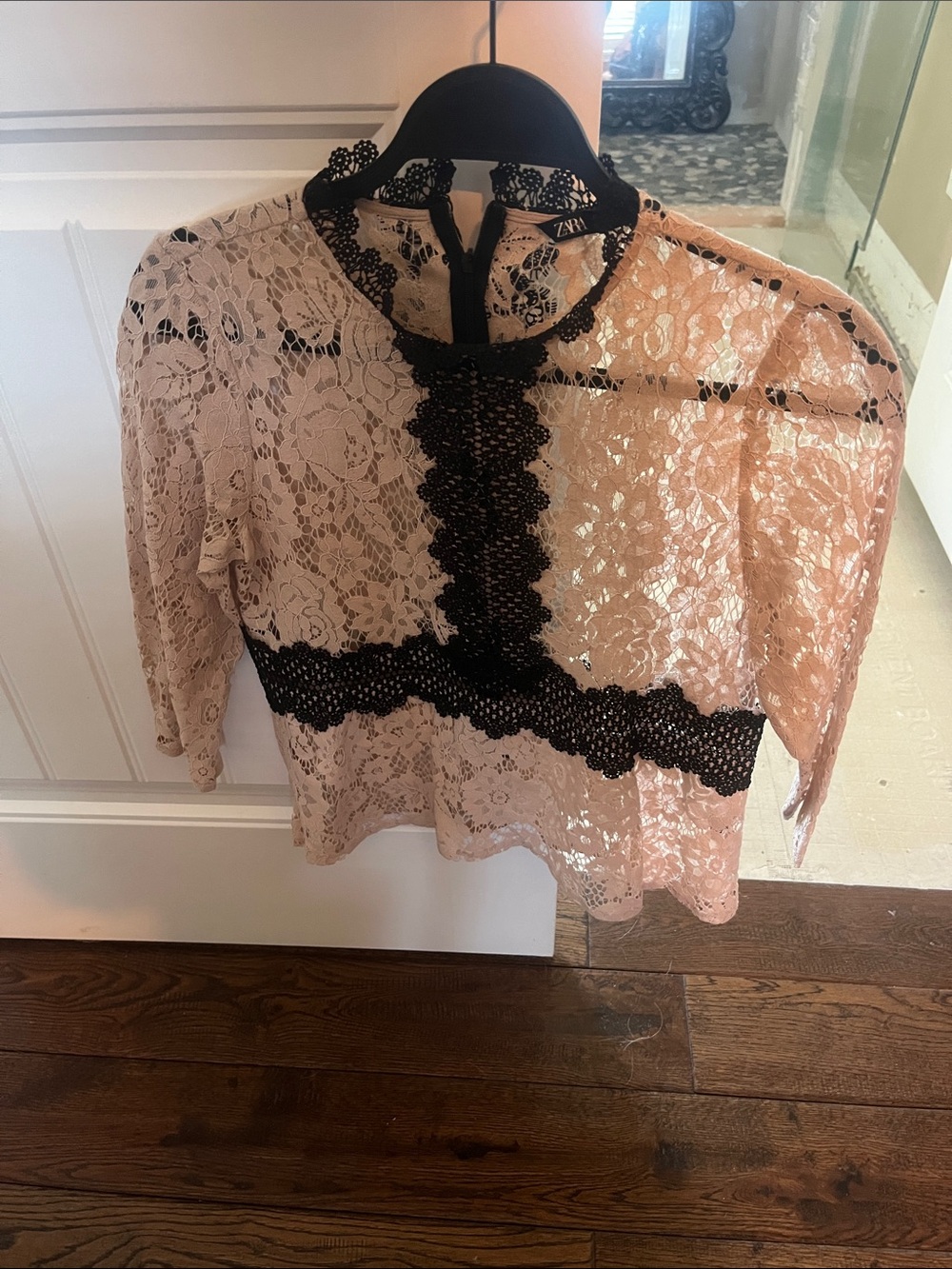 Zara Blush Lace Top with Black Contrast Trim